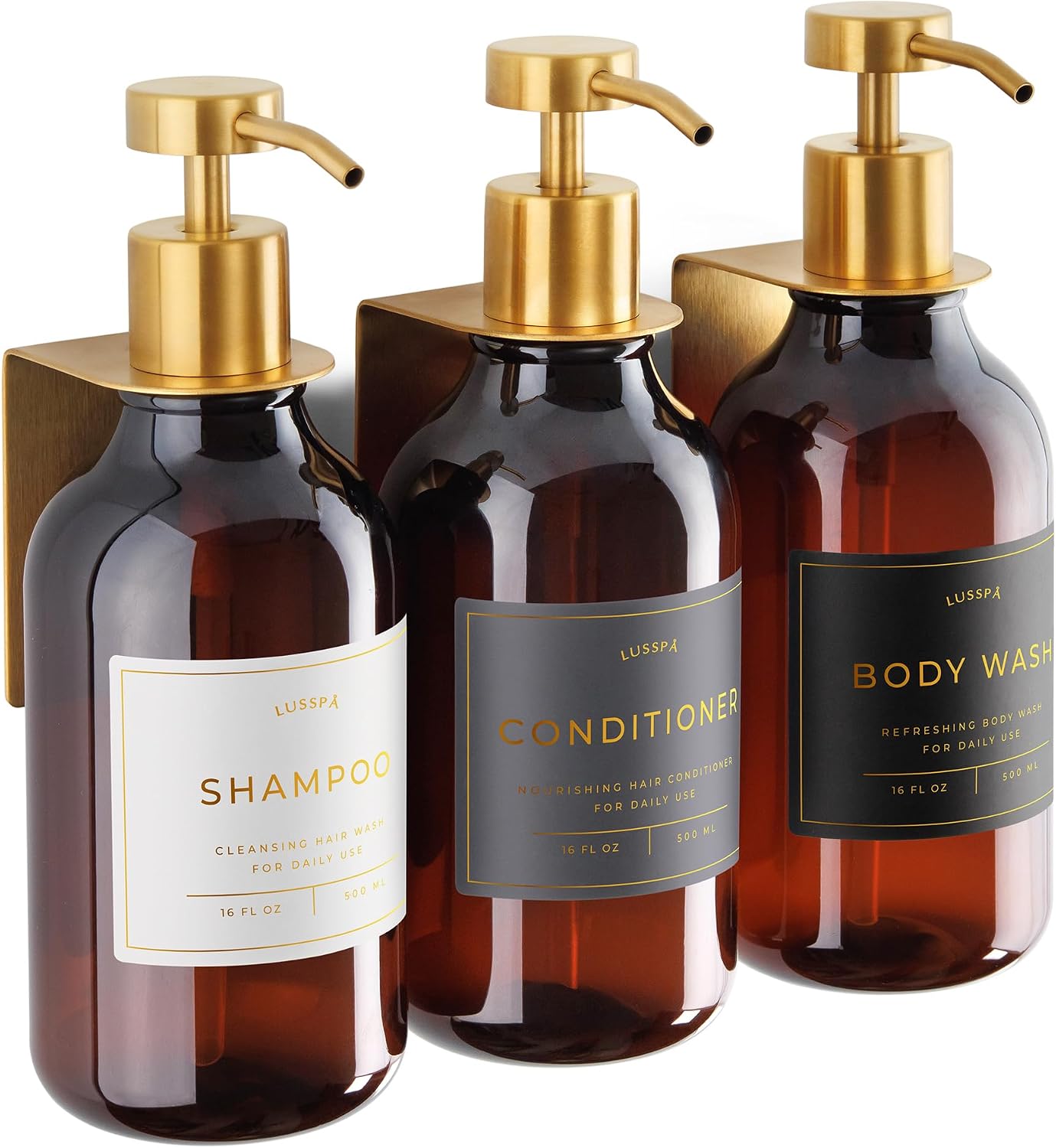 Shower Shampoo Dispenser Wall Mounted – 3 Refillable 16.9 oz Clear Bottles with Stainless Steel Pumps & No-Drill Adhesive Holders – Soap Dispenser Set for Bathroom (3 X Clear/Silver)
