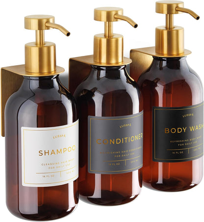 Shower Shampoo Dispenser Wall Mounted – 3 Refillable 16.9 oz Clear Bottles with Stainless Steel Pumps & No-Drill Adhesive Holders – Soap Dispenser Set for Bathroom (3 X Clear/Silver)