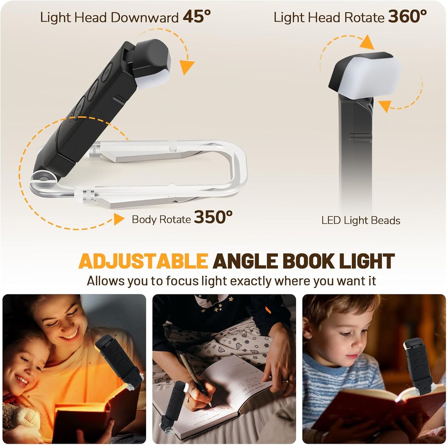 Book Reading Light Rechargeable Clip on Book Lamp with 3 Color Temperatures | 5-Level Dimmable Brightness, 3 Color Temperatures, 360° Rotatable USB Eye Caring