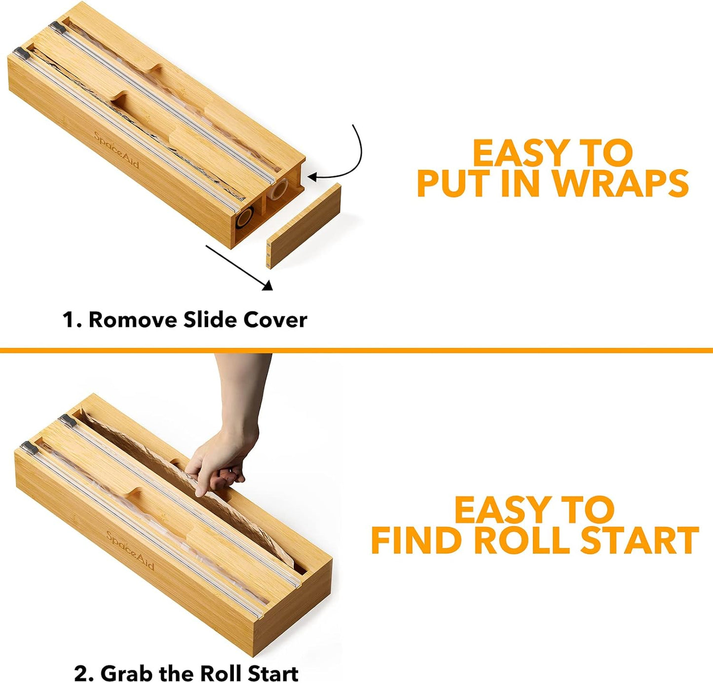 SpaceAid 2 in 1 Long Wrap Dispenser (Need 3" Deep Drawer) with Cutter, Plastic Wrap, Aluminum Foil Dispenser for Kitchen Drawer, Bamboo Roll Organizer Holder, Compatible with 15" Roll