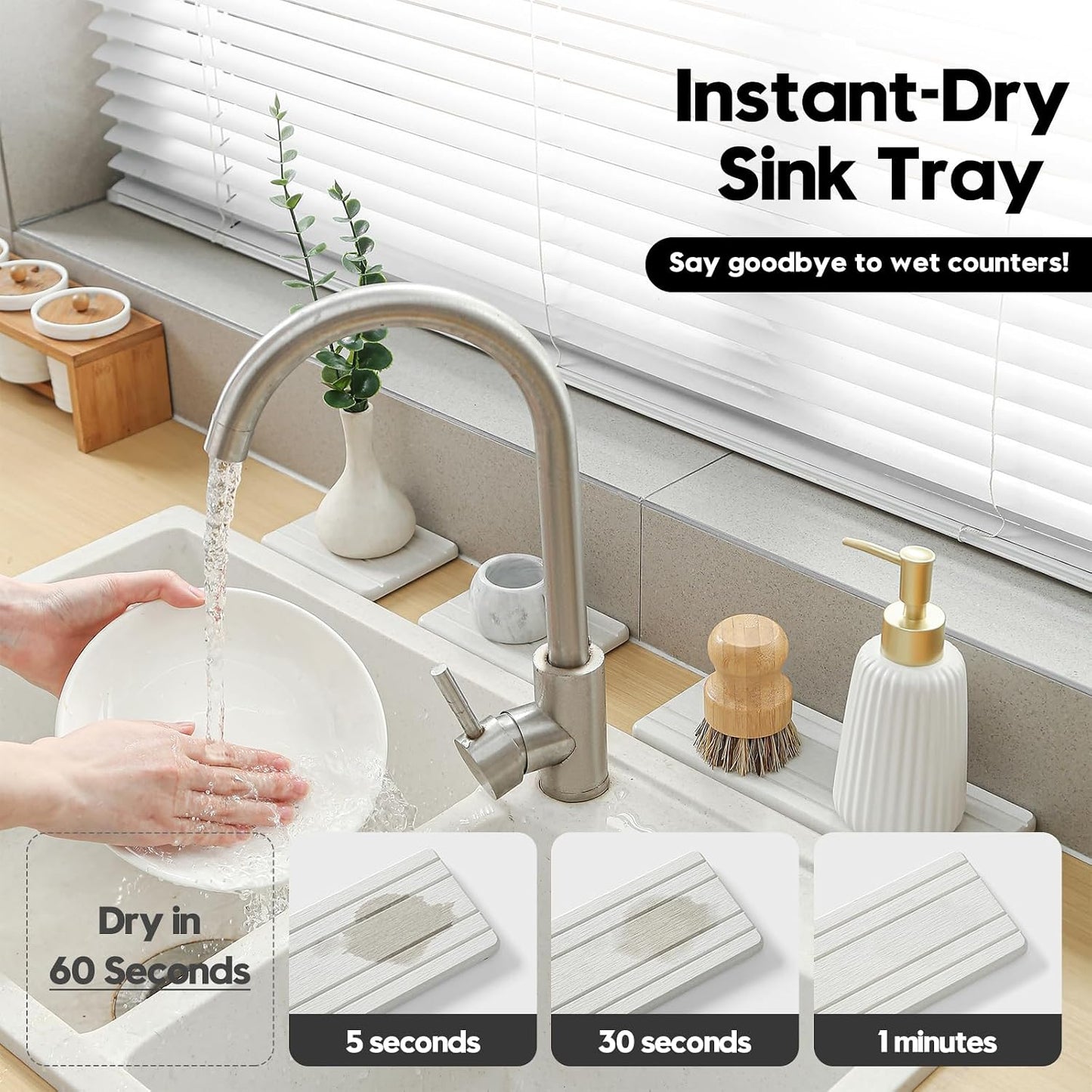 3 Pack Water Absorbent Diatomite Coasters, Stone Drying Mat for Kitchen Counter, Bathroom Sink Organizer Tray, Compact Vanity Rack, Soap Holder Caddy, Faucet Splash Guard, White 8"x3.8"