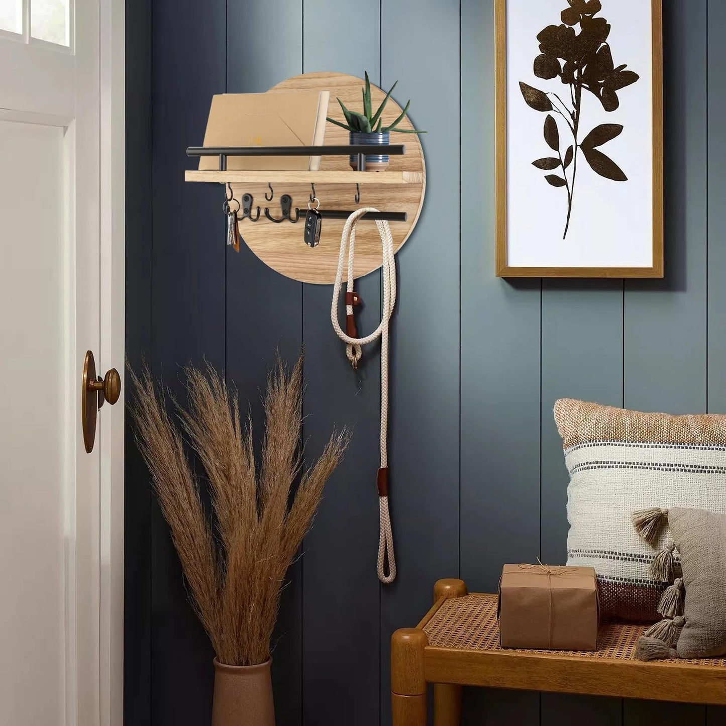Gurfuy Key Holder for Wall with Shelf - Wood Mail Organizer and Rack with Shelf Hooks Wall Mounted for Entryway Decor Magazines Letter Storage Farmhouse Living Room Bedroom Doorway Green