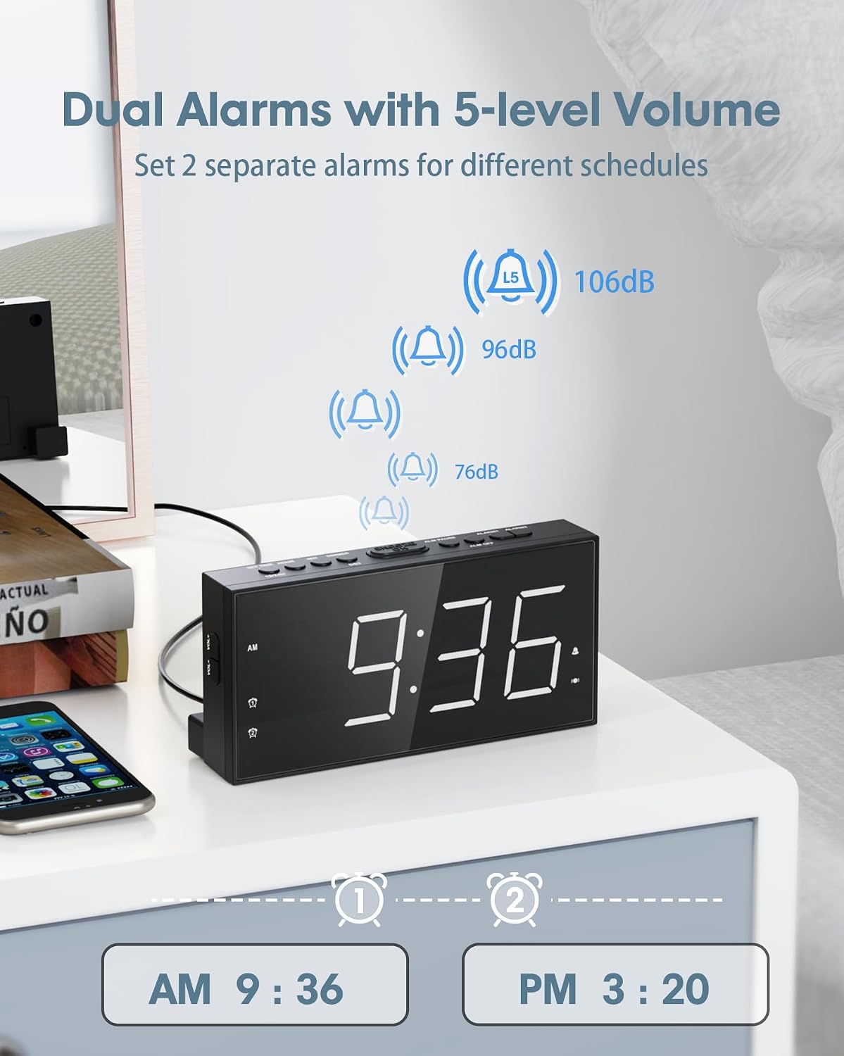 Roxicosly Alarm Clock with Bed Shaker, Vibrating Alarm Clock for Heavy Sleepers/Hard of Hearing/Deaf,Dual Alarms, 7.5’’ Large LED Display, Dimmer, USB Charging Port, Plug-in with Memory Function