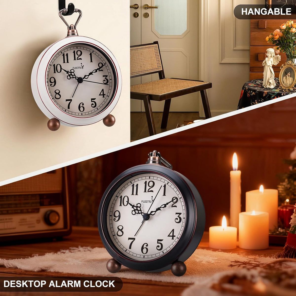FLOITTUY 4.5" Battery Operated Antique Retro Analog Metal Alarm Clock, Silent Bedside Desk Clock, Wall-Hanging Vintage Clock(Exquisite Bronze)