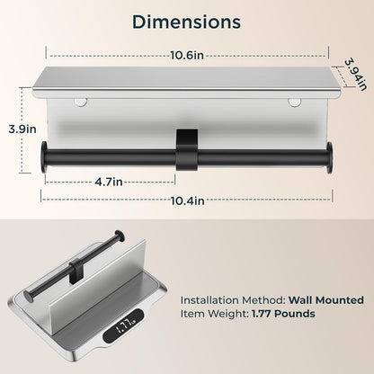 FORIOUS Toilet Paper Holder with Shelf, Commercial Toilet Paper Dispensers | Brushed Nickel | Wall Mount Bathroom Tissue Holder | SUS304 Stainless Steel Rustproof | Double Tissue Roll Holder