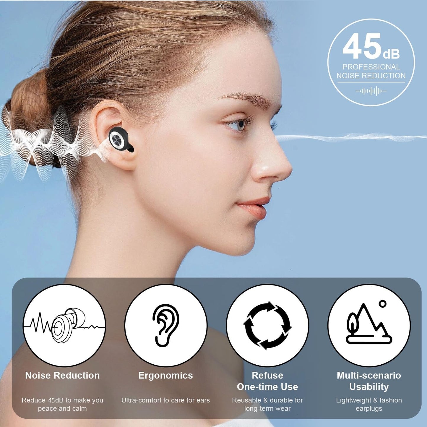 45dB Ear Plugs for Noise Reduction, Earplugs for Hearing Protection - Sleeping & Snoring, Concerts, Airplane, Socializing, Silicone Comfort Fit Ear Plugs for All-Day Noise Sensitivity Relief (Silver)