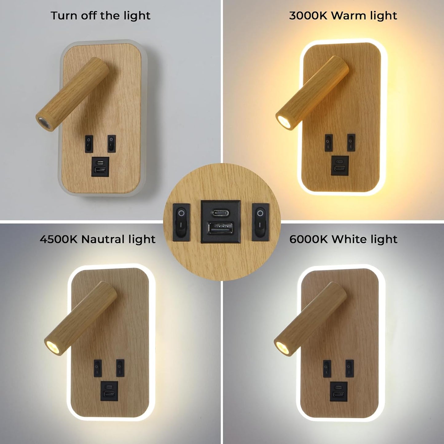 Plug in Wall Sconce with Wall Mounted Reading Lights with Switch | Wall Lamp for Bedroom with Charging Station USB C+A Ports,Bunk Bed Lights with 3W+9W Night Light,Walnut Color Reading Light