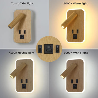 Plug in Wall Sconce with Wall Mounted Reading Lights with Switch | Wall Lamp for Bedroom with Charging Station USB C+A Ports,Bunk Bed Lights with 3W+9W Night Light,Walnut Color Reading Light