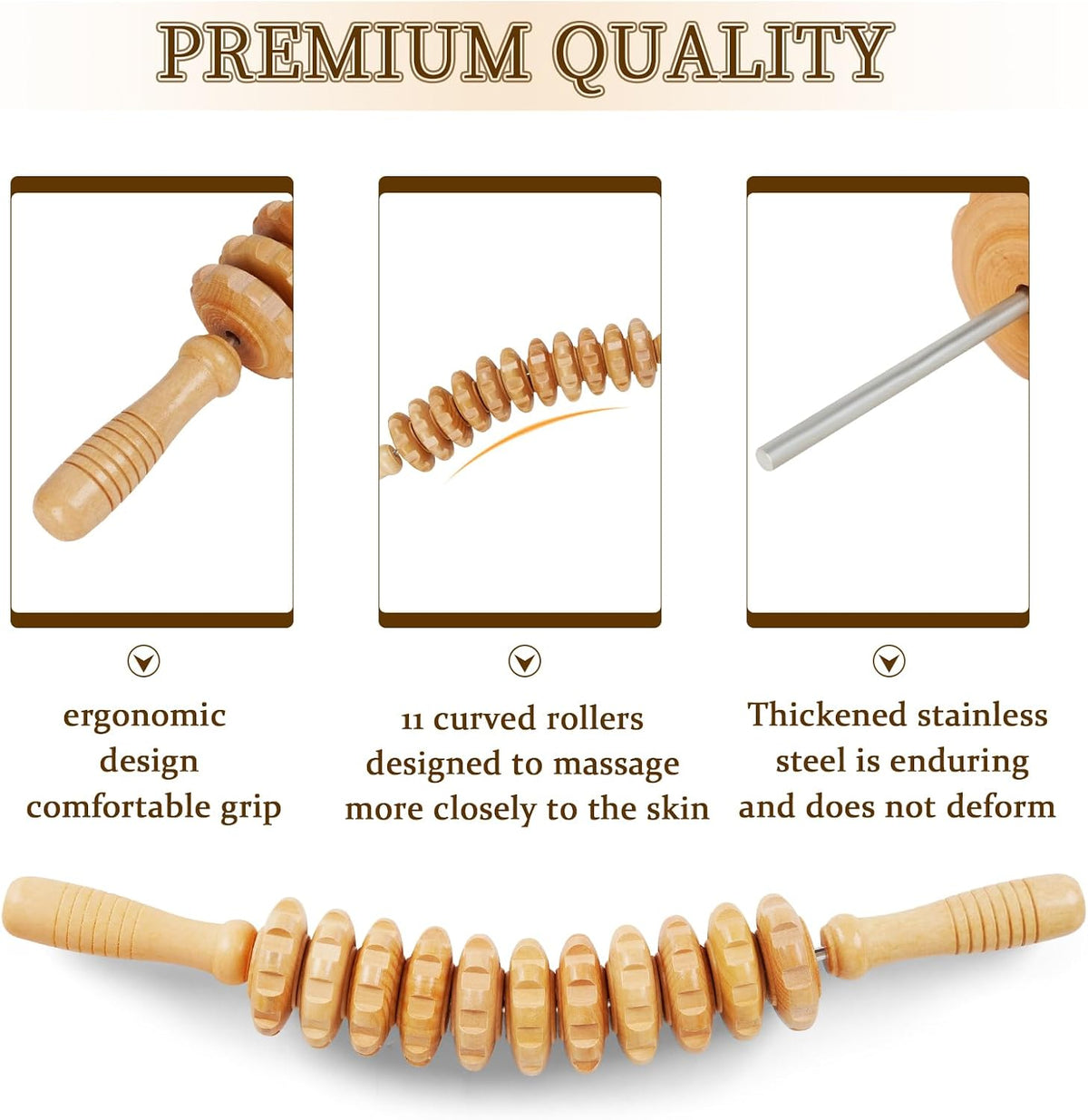 Liitrton Manual Wooden Massage Roller Stick for Muscle Relief, 11-Wheel