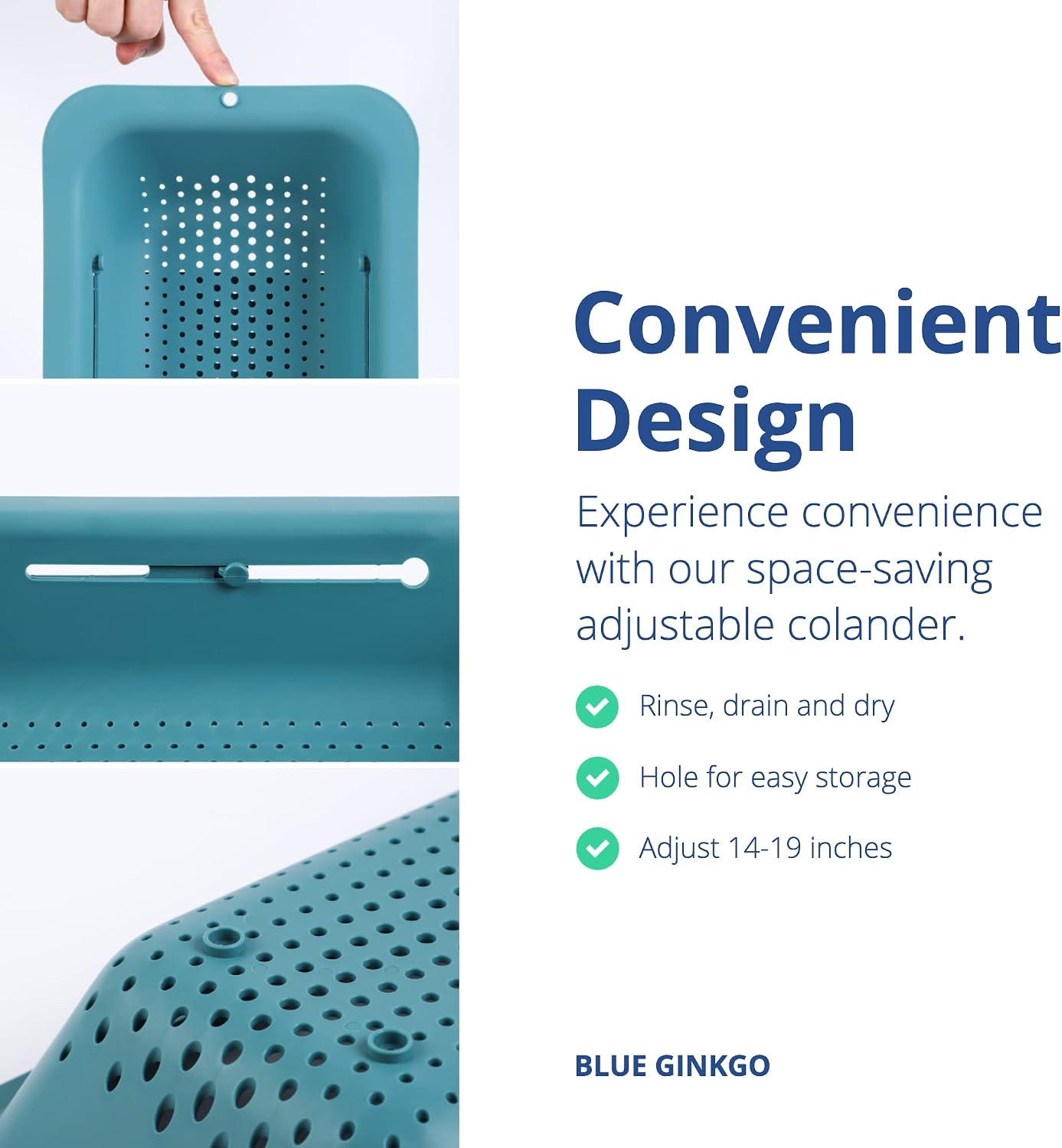 Blue Ginkgo Over Sink Colander, Extendable Kitchen Strainer, Grey | Fits Most Sinks. Rinse, Drain and Dry with Ease.