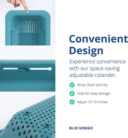 Blue Ginkgo Over Sink Colander, Extendable Kitchen Strainer, Grey | Fits Most Sinks. Rinse, Drain and Dry with Ease.