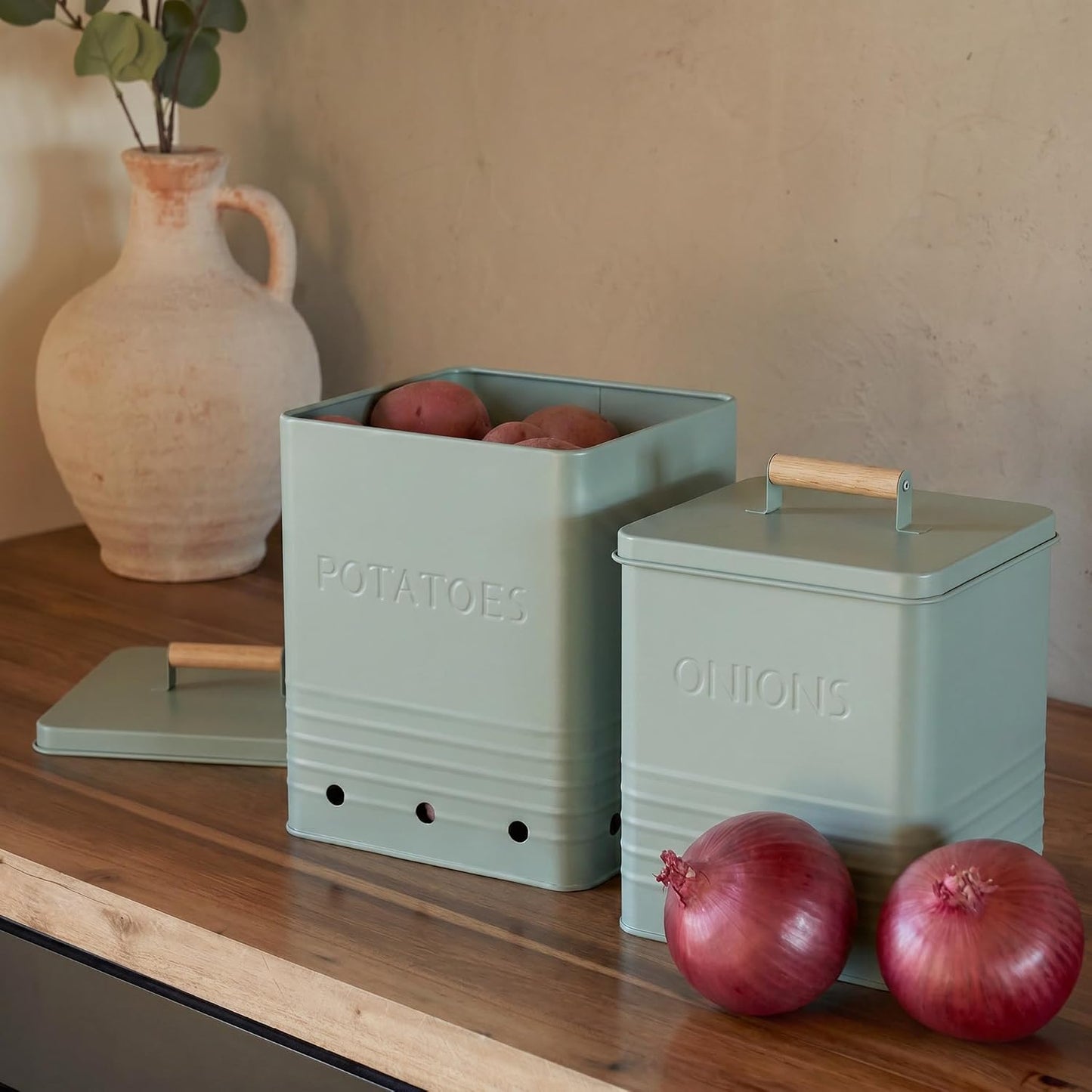 Beautiful Potato and Onion Storage Container Set - Food Safe Metal Bins | Spacious 10.1" and 8.9" Canisters for Your Kitchen Counter or Pantry - Keeps Produce Fresh Longer