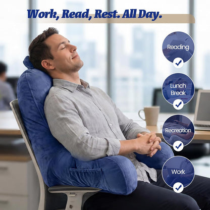 ACH Reading Pillow with Arms for Adults - Adjustable Memory Foam Bed Rest Pillow, Lumbar & Neck Back Support, Soft Velvet Cover Machine Washable, Deep Side Pocket & Carry Handle, Grey