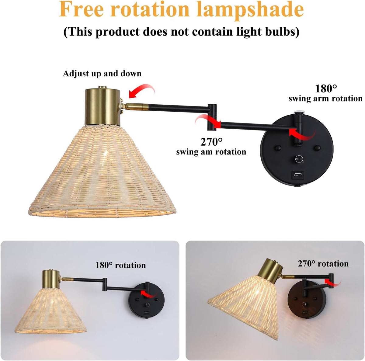 Wall Mounted Lamp Plug in Wall Sconce with Dimmable Switch Swing Arm Wall Lamp Whire Fabric Shade with USB Port Gold Wall Sconce Suitable for Hallway Bedroom Living Room…