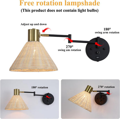 Wall Mounted Lamp Plug in Wall Sconce with Dimmable Switch Swing Arm Wall Lamp Whire Fabric Shade with USB Port Gold Wall Sconce Suitable for Hallway Bedroom Living Room…