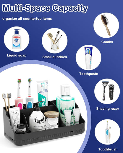 Bathroom Counter Organizer and Storage, 7 Slots Detachable Toothbrush Holders for Bathrooms, Anti-Slip Electric Toothbrush and Toothpaste Holder Countertop Vanity Organizer Accessories for Adults Kids