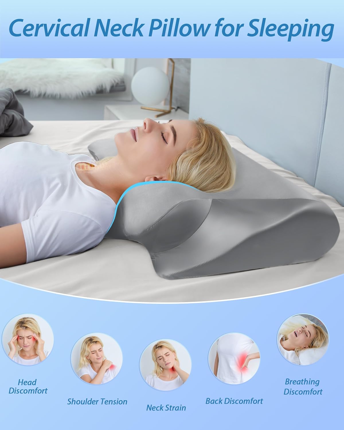 HOMCA Memory Foam Cervical Pillow, 2 in 1 Ergonomic Contour Orthopedic Pillow for Neck Pain, Contoured Support Pillows for Side Back Stomach Sleepers