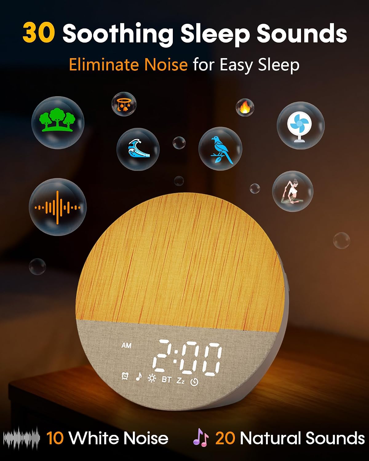 Sunrise Alarm Clock with Sounds Machine:Gentle Wake Up for Heavy Sleepers | Relieve Anxiety Dimmable Clock with Bluetooth Memory for Bedroom - White Noise Machine with 30 Sleep Sounds