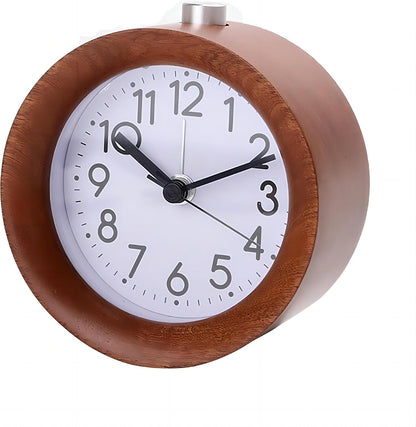 Round Wooden Alarm Clock Analog Non Ticking Night Light Snooze | Silent Arabic Numerals Battery Operated for Desktop Bedroom Bedside Brown