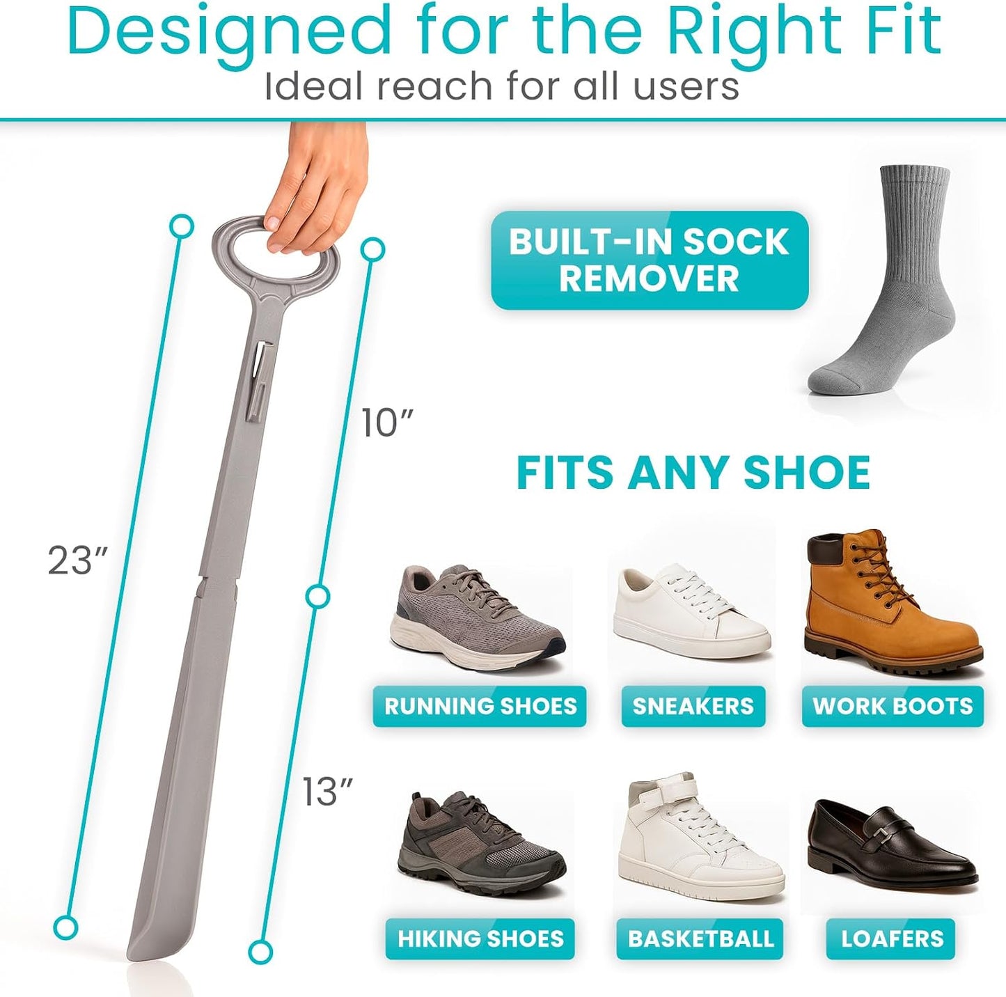 Vive Long Shoehorn for Seniors with Handle 23" | Sock Remover, Long Handled for Men & Women, Boot Shoe Helper and Sock Aid, Extra Reach, Patent-Pending Foldable