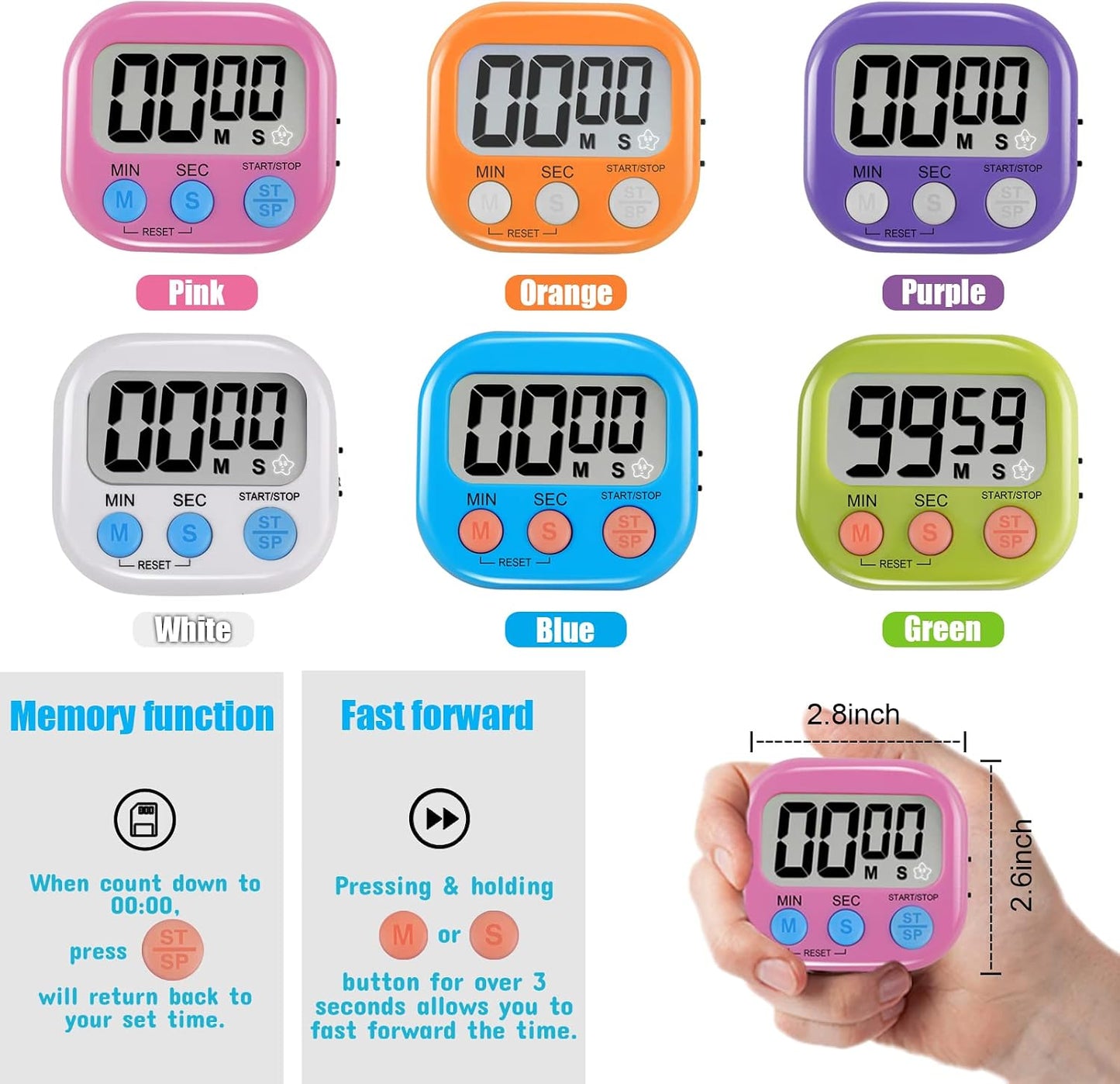 6 Pack Multi-Function Electronic Timer - Magnetic Digital Timers Big LCD Display the Loud/Silent Switch Countdown Timer Extensively Use in Break Time, Cooking,Gym, Meeting, Classroom