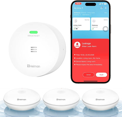 Heiman Water Leak Detector, 3 Pack Water Sensor Alarm for Home,with Gateway | 10-Year Battery-Powered Smart WIFI Water Alarm Flood Sensor for Home/Basement/Sump Pump,Real-Time App Alert and Sound Alarm