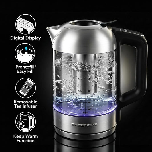 OVENTE 1.8L Glass Electric Kettle with Tea Infuser, Silver KGD752S | 1500W Fast Boiling, Easy Fill Lid, 7 Temperature Control, Keep Warm, Digital Display, Auto Shut-Off, Boil-Dry Protection