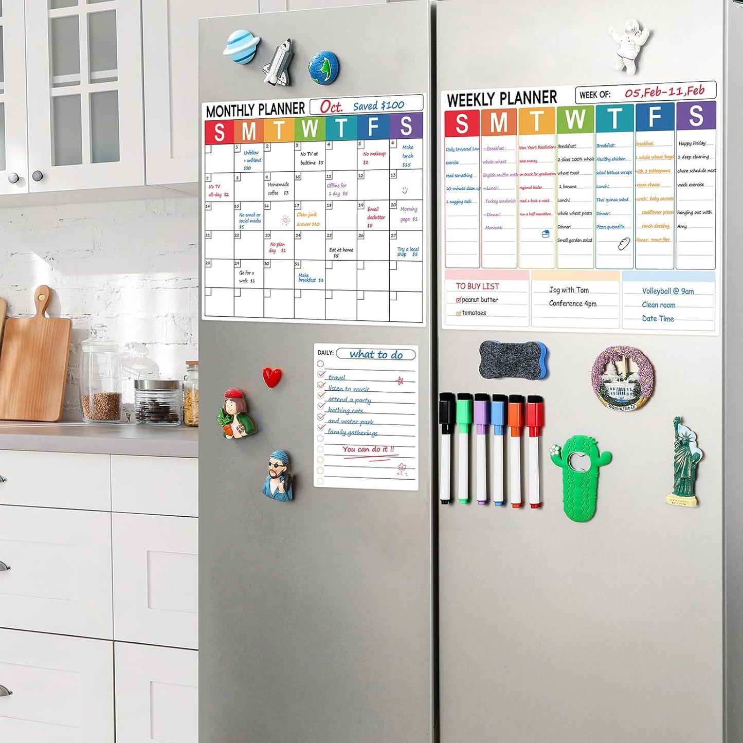 3 Pack Dry Erase Magnetic Calendar for Refrigerator - Monthly & Weekly & Daily Planner Magnet Whiteboard for Fridge Wall - Shopping, Meal/Menu, To Do List, Family Schedule Planning Board (10HB-RIZH3)