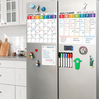 3 Pack Dry Erase Magnetic Calendar for Refrigerator - Monthly & Weekly & Daily Planner Magnet Whiteboard for Fridge Wall - Shopping, Meal/Menu, To Do List, Family Schedule Planning Board (10HB-RIZH3)