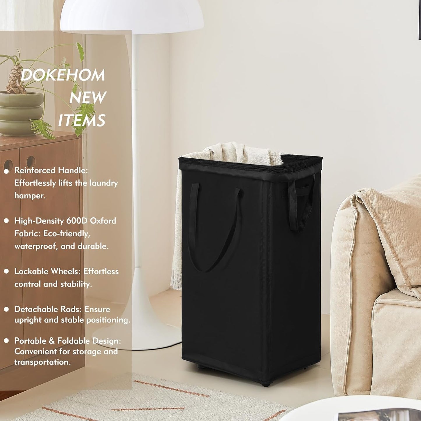 DOKEHOM 25" Slim Rolling Laundry Basket Hamper, Narrow on Wheels, Grey | Collapsible narrow laundry hamper with mesh drawstring closure. Foldable corner clothes storage bin for small spaces