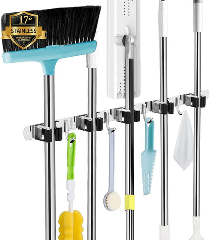 AceMining Broom Holder Wall Mount, 5 Racks 4 Hooks Heavy Duty Mop Organizer | Mop Holder Wall Mount and Broom Hanger for Garage, Laundry Room, Kitchen and Utility Storage