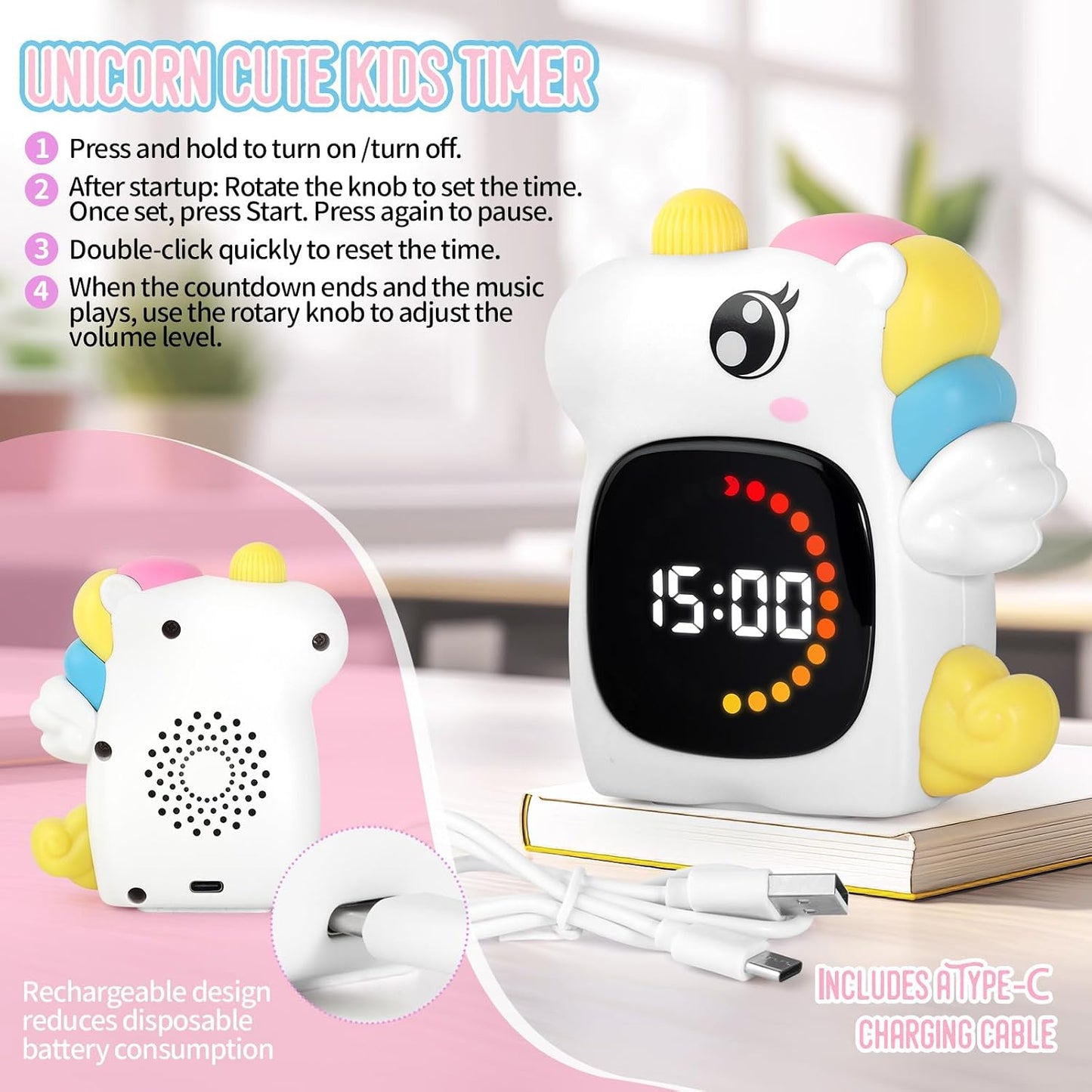 Unicorn Rechargeable 99M Visual Timer for Kids, Potty and Home Study Timer | Digital Adjustable Volume Countdown Classroom Timer ,Visual Time Progress Display,