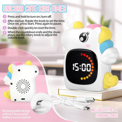 Unicorn Rechargeable 99M Visual Timer for Kids, Potty and Home Study Timer | Digital Adjustable Volume Countdown Classroom Timer ,Visual Time Progress Display,