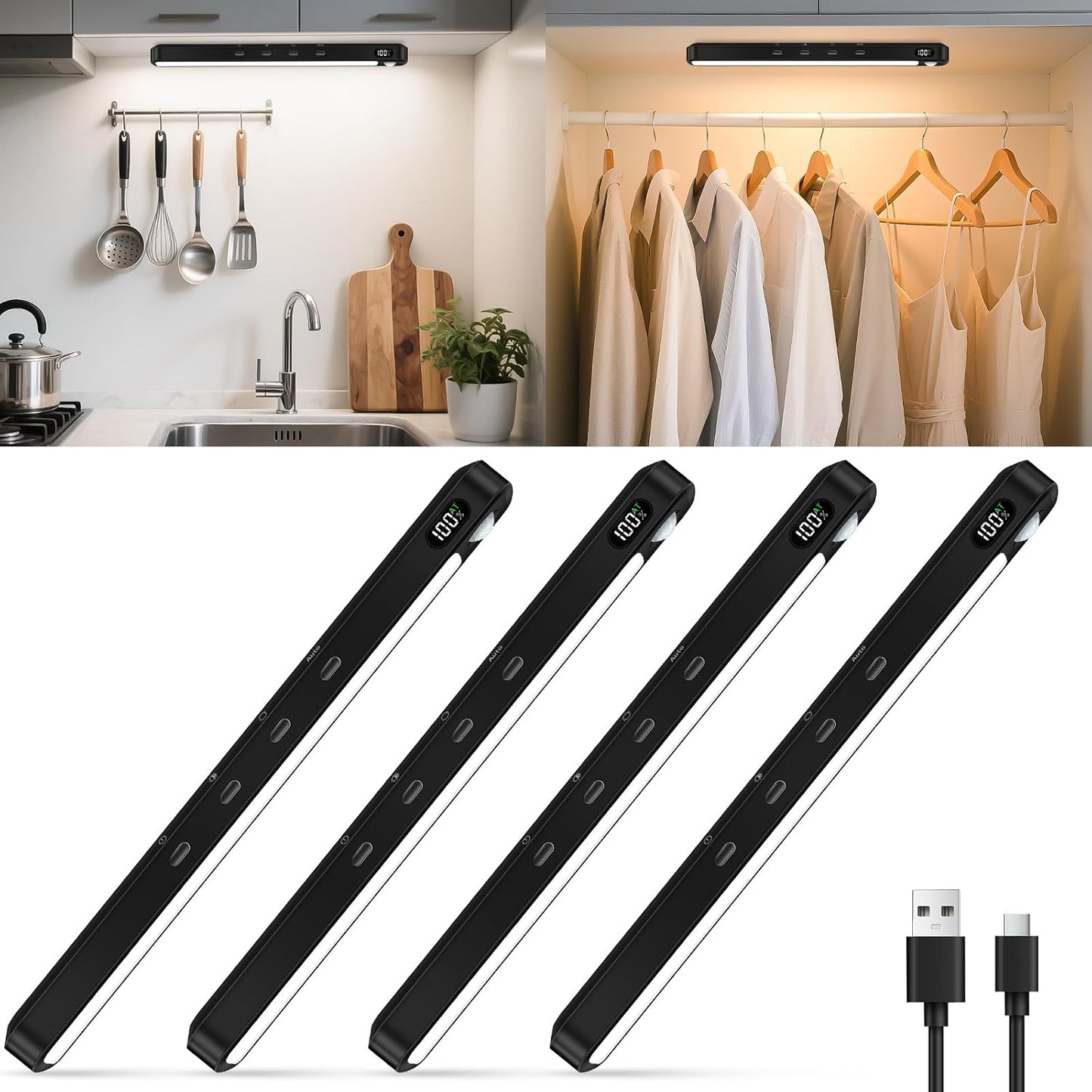 WILLED Under Cabinet & Closet Lights, Motion Sensor, Rechargeable, Magnetic, 3 Color Temps, Dimmable LED Light Bar for Indoor Kitchen Counter (4 Pack, White)