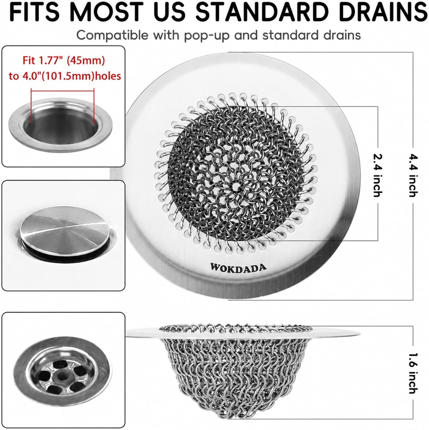 Shower Drain Hair Catcher, Patented Bathtub Drain Cover, Anti-Clog | Reversible Flip Clean, Fast Drainage, Anti-Slip Base, 304 Stainless Steel Chain Mail Mesh, 4.4" for Bathtub & Shower Drains