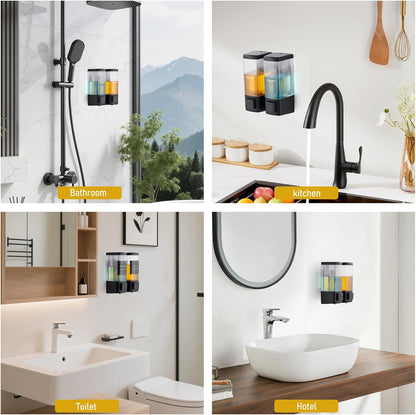 Pollock Shampoo and Conditioner Dispenser,Black 3 Chamber * 500ML | Shower Soap Dispenser Wall Mounted, Body Wash Dispenser No Drill,Refillable Shower Dispenser for Bathroom,Hotel,Public Place