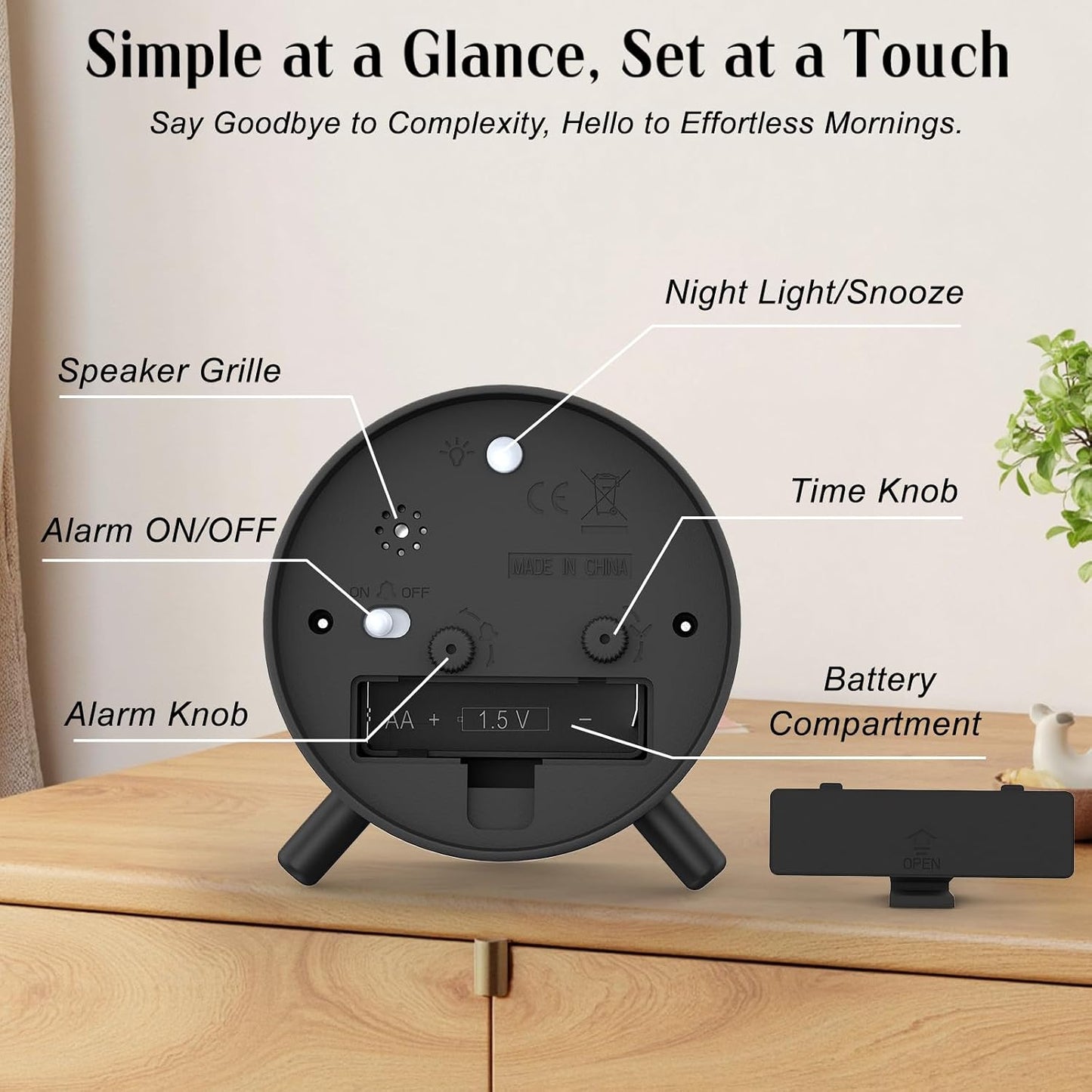 Analog Alarm Clock Night Ligh Battery Operated for Bedroom | Snooze 5mins Clear 94mm Case Silent Sweep under 20dB Decor for Desk Nightstand Office Ideal Gift for Senior Students Travel