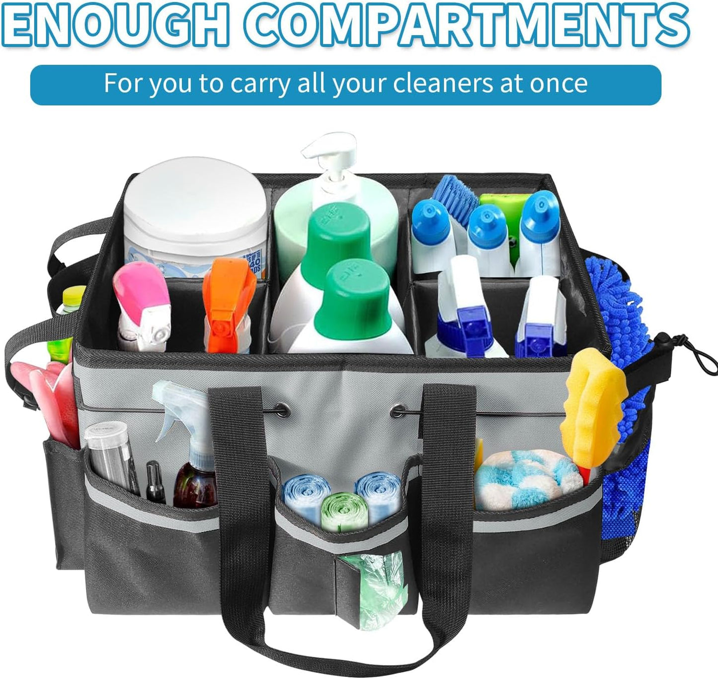 Cleaning Caddy Tote with Removable Dividers - 17.8x12.2x9.3in Waterproof Tool Organizer Bag with Handles & Adjustable Shoulder Strap for Housekeepers, Cleaners & Car Detailing Supplies (Pink)