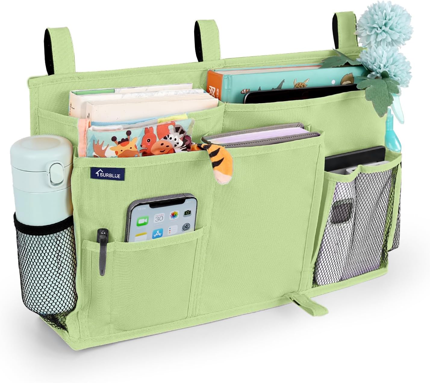 Surblue Bedside Caddy Hanging Organizer Storage Bag Pocket for Bunk, Hospital, College Dorm Rooms, Baby Bed Rails, Camp - 4 Pockets, 2 Hooks (Blue)