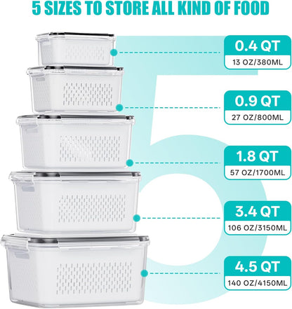 HOMETALL 4 Pack Fruit Storage Containers for Fridge Set, Produce Containers for Fridge with Strainer, Plastic Reusable Fridge Organizers and Storage for Berry Salad Lettuce, Size 3.4, 1.8, 0.9, 0.4QT