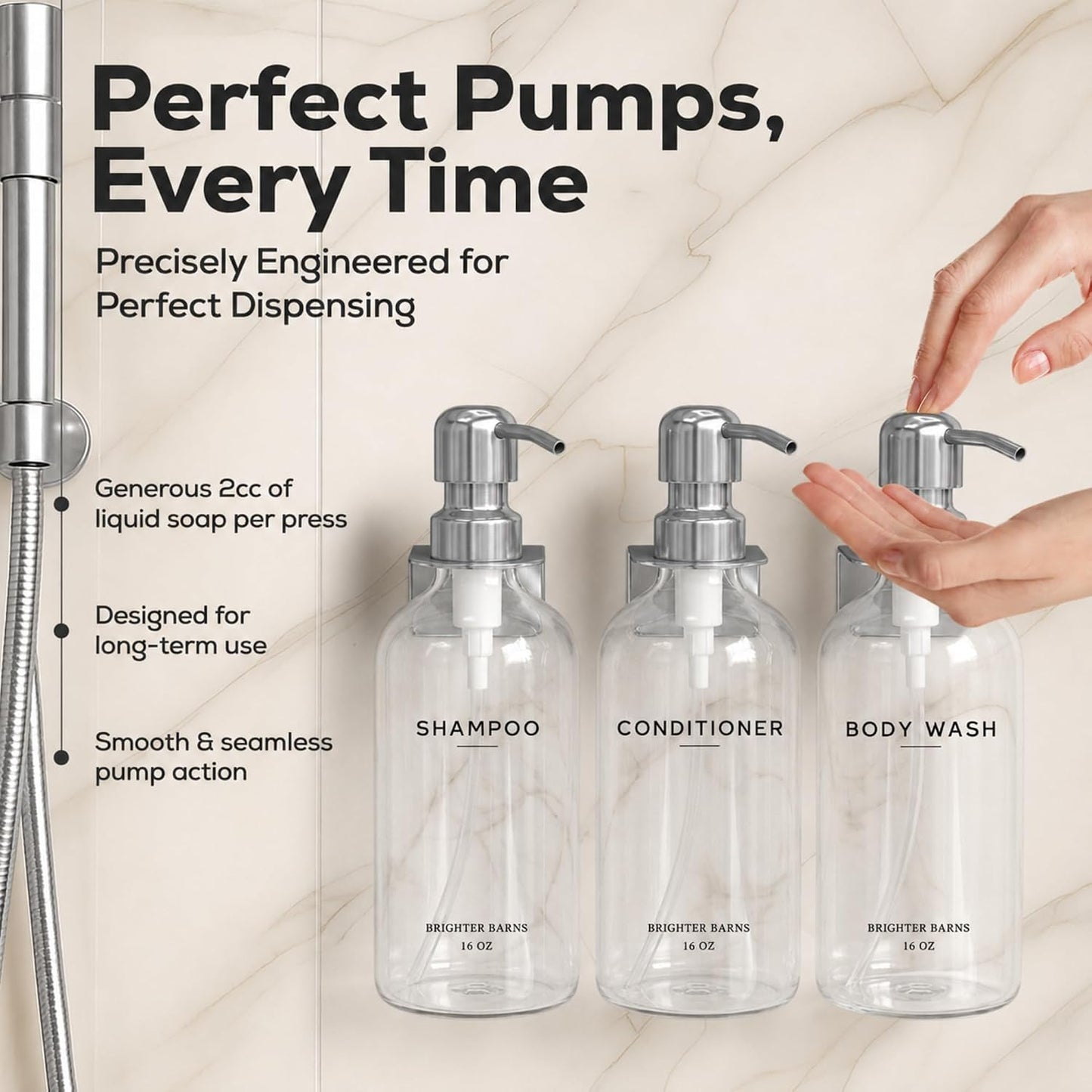 White Shampoo and Conditioner Dispenser Set Wall Mounted by Brighter Barns - Shower Dispenser 3 Chamber No Drill - Refillable Shampoo and Conditioner Bottles for Shower Wall in Airbnb, Hotel (White)