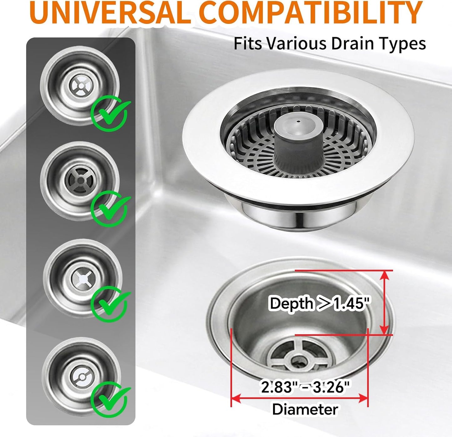 Solid Brass Body 3-in-1 Kitchen Sink Drain Strainer & Stopper, Heavy Duty Pop Up Plug Assembly with 2 Baskets, Anti-Clog Replacement for US Standard 3-1/2 Inch Drains, Rust-Proof Silver