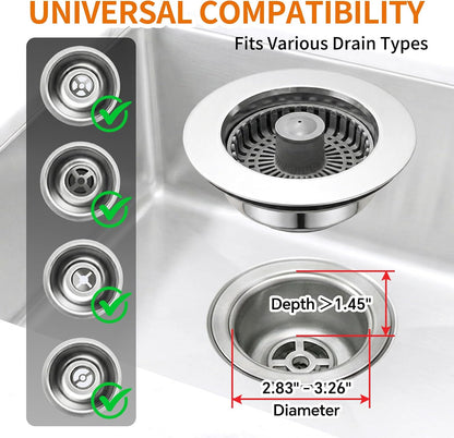 Solid Brass Body 3-in-1 Kitchen Sink Drain Strainer & Stopper, Heavy Duty Pop Up Plug Assembly with 2 Baskets, Anti-Clog Replacement for US Standard 3-1/2 Inch Drains, Rust-Proof Silver