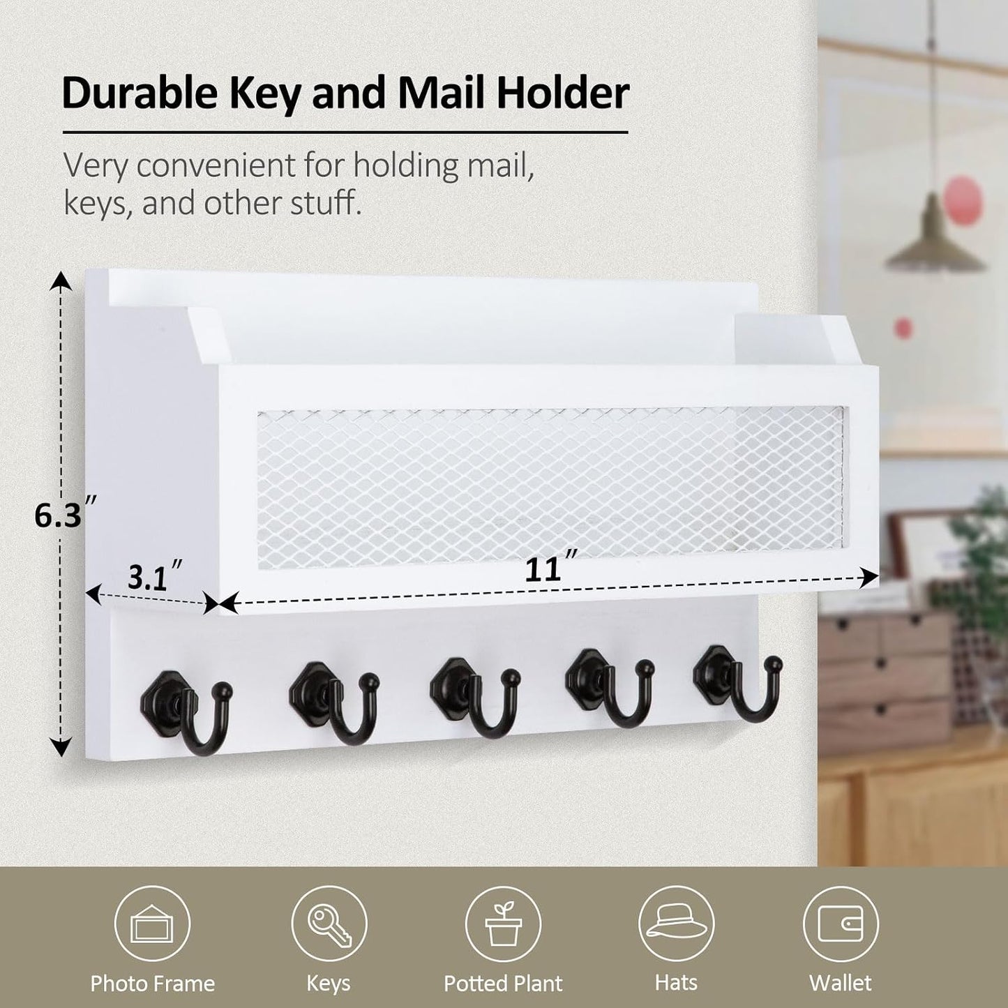 Nekon Mail and Key Holder for Wall Decorative, 11 Inch Mail Holder, Brown | Wooden Wall Key Organizer with 5 Key Hooks, Wall Mount Storage Shelf for Entryway Hallway