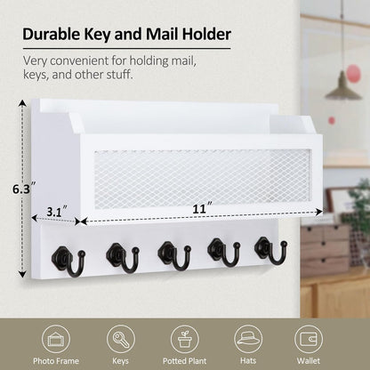 Nekon Mail and Key Holder for Wall Decorative, 11 Inch Mail Holder, Brown | Wooden Wall Key Organizer with 5 Key Hooks, Wall Mount Storage Shelf for Entryway Hallway