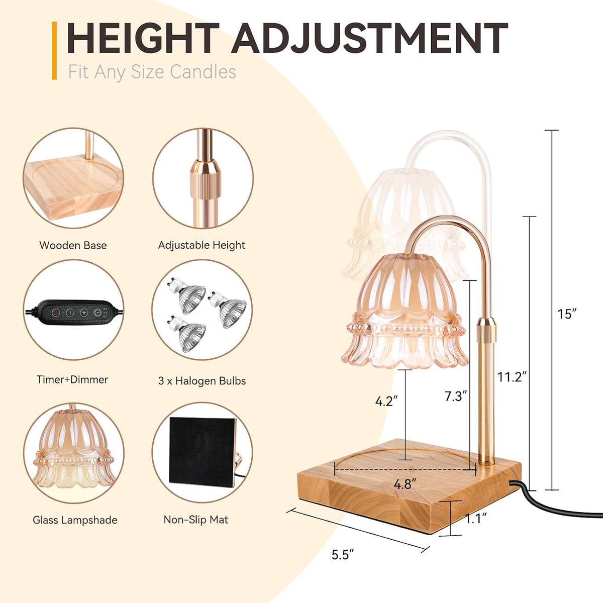 Candle Warmer Lamp with 3 Bulbs, Adjustable Height Dimmable Candle Warmer with Timer, Candle Lamp with Charming Gift Box Ribbon,Birthday Gifts for Women Mom, House Warming Gifts New Home Decor