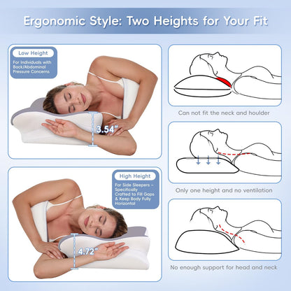 Cervical Neck Pillow, Memory Foam Pillows for Neck and Shoulder Pain Relief, 2 Heights Ergonomic Pillow with Breathable Ice Silk Cover, Neck Support Pillow for Side Sleepers White