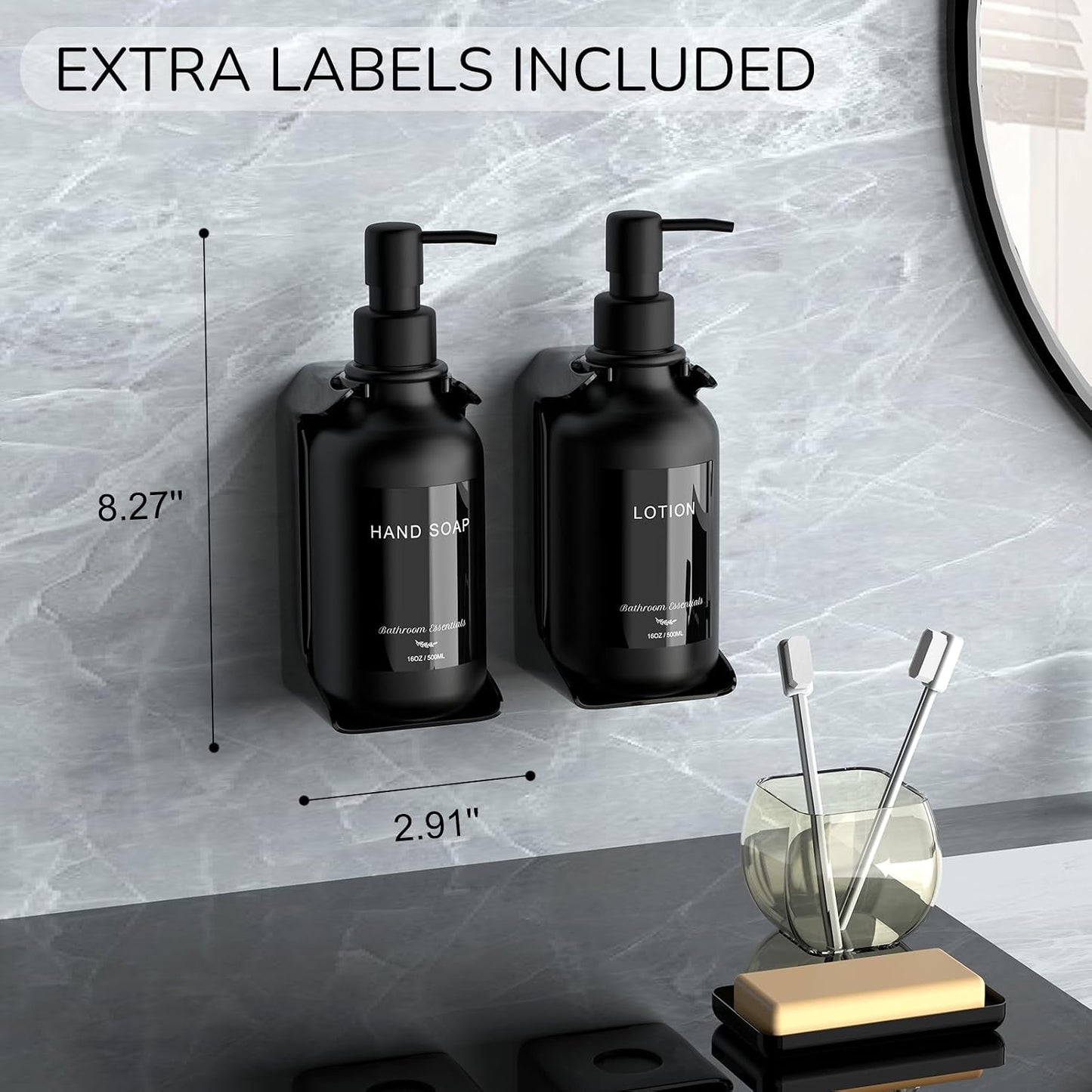 Modern Shampoo and Conditioner Dispenser - Shower Soap Dispenser Wall Mounted - 3-Pack 16 oz Plastic Amber Bottles with Black Pumps - Stylish Shampoo Dispenser, Shower Dispenser 3 Chamber No Drill
