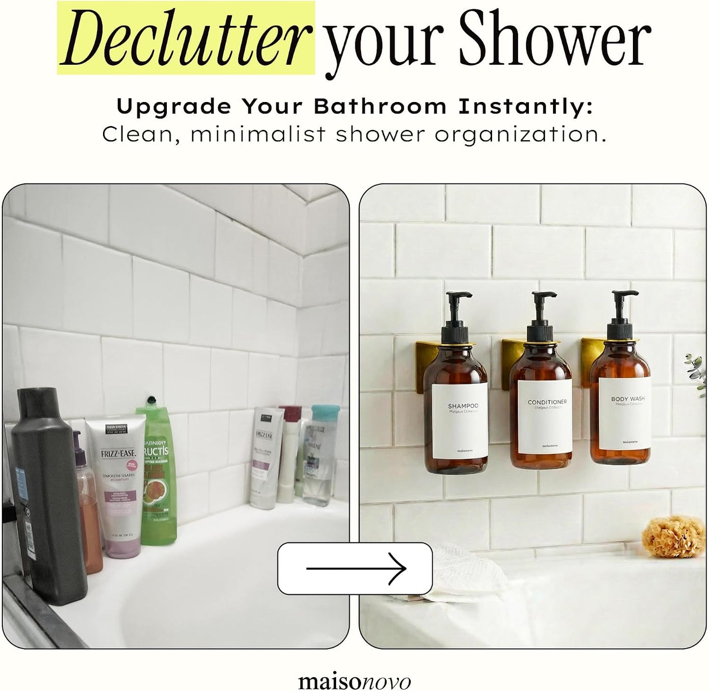 MaisoNovo Shampoo and Conditioner Dispenser|Refillable Black Set of 3 | 500 ml Shower Gel Dispenser Set of 3. Refillable Shampoo and Conditioner Bottles. Drill Free Secure Design. Black