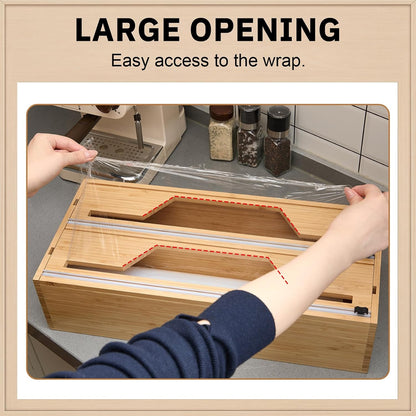Wesiti 18 Inch Large Plastic Wrap Organizer & Dispenser with Cutter 2 in 1 Aluminum Foil Wrap Butcher Parchment Paper Dispenser Bamboo Wall Mount Tin Wax Cling Organizer for Kitchen Countertop